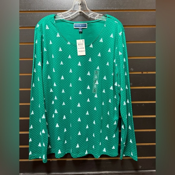 Karen Scott Tops - Karen Scott Green Christmas Tree Print Long Sleeve Top Size XL NWT